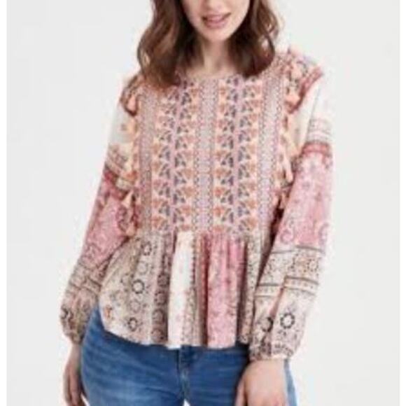 AMERICAN EAGLE Patchwork Tassel Trim Peplum Top Mixed Print Boho Festival Pink M - Picture 1 of 8